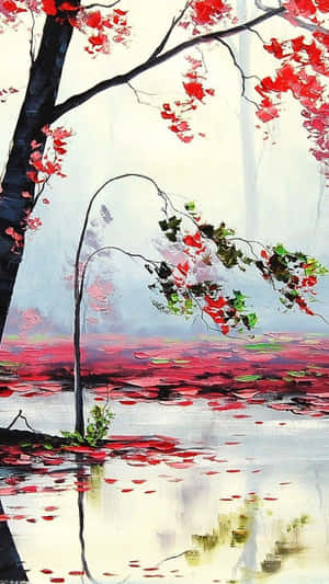 紅花樹倒映在池塘中，花瓣漂浮。 — 唐人街 壁紙
