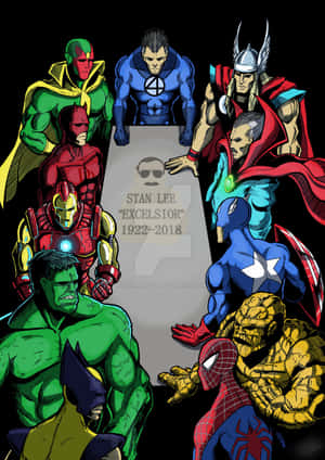 Marvel超級英雄圍繞著紀念Stan Lee的墓碑，上面寫著「Excelsior」一詞。 — 李小龍 壁紙