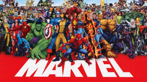 一大群漫威超級英雄和反派在紅色背景上一起擺姿勢，並帶有MARVEL標誌。 — 漫威標誌 壁紙
