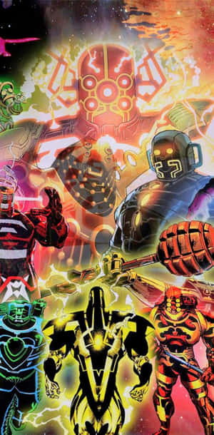 一群身穿盔甲的 superheroes 和反派在宇宙戰鬥場景中。 — 月亮與星星 壁紙