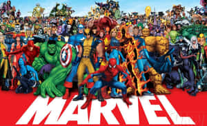 一大群Marvel超級英雄和反派與MARVEL標誌一起擺姿勢。 — 恐怖反派 壁紙