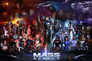 Mass Effect 角色身穿太空裝甲，站在星域前，背景有飛船和發光效果。 — MacBook Pro M3 壁紙