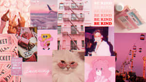 粉紅色拼貼畫，包含貓咪、建築物、Care Bear 和飛機。 — 粉嫩粉彩美學 壁紙