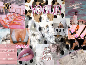 以粉紅色為主題的時尚拼貼畫，包含Vogue、嘴唇和天使翅膀。 — 粉紅色美學桌面 壁紙