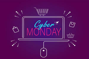 Cyber Monday 促銷圖形，包含筆記型電腦、購物車和滑鼠圖示。 — 霓虹 壁紙