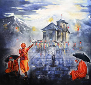 朝聖者在雨中走向寺廟，背後是白雪覆蓋的山脈。 — 廟宇 壁紙