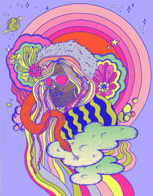一個色彩繽紛的插圖人物，擁有彩虹頭髮和太陽眼鏡，置身於宇宙場景中。 — 音樂 壁紙