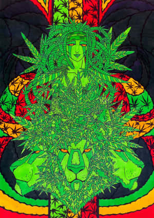 綠色獅頭人物，帶有大麻葉，採用拉斯塔法里顏色。 — 吸大麻 壁紙