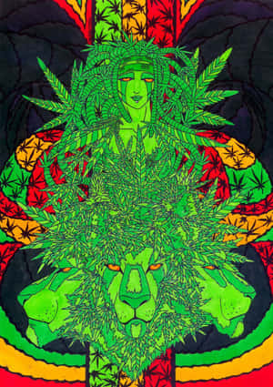 以迷幻藝術風格裝飾著大麻葉的綠色獅子和女人形象。 — 大麻 壁紙