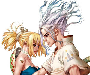 金髮和銀髮的動漫情侶擺出戲劇性姿勢 — Dr.STONE 新石紀 壁紙