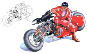 動漫摩托車手身穿紅色裝備騎著紅色摩托車，身後有鉛筆草圖。 — 混沌武士 壁紙