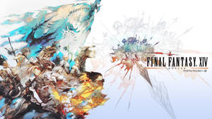 Final Fantasy XIV 線上宣傳藝術作品，包含奇幻戰士與生物。 — 電玩遊戲 GIF 壁紙