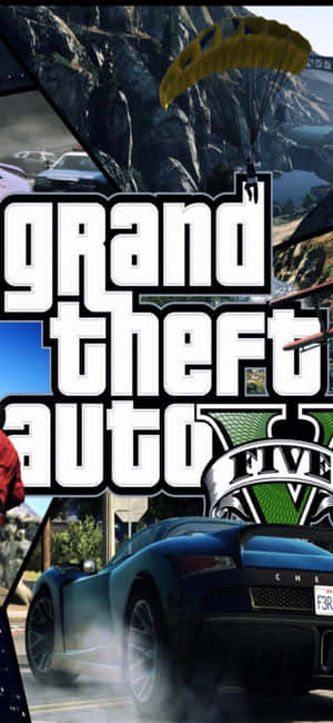 《Grand Theft Auto V》遊戲封面，藍色跑車飄移，降落傘在山脈上空下降。 — 電玩遊戲 GIF 壁紙