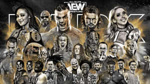 All Elite Wrestling名單，包括摔角手展示冠軍腰帶和戲劇性姿勢。 — 暗色 壁紙