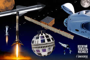 未來主義的太空船和衛星在太空中，火星和月球清晰可見。 — 3:2 壁紙