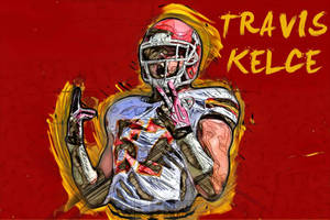 Travis Kelce 身穿美式足球裝備，在紅色背景上做出和平手勢，帶有火黃色光暈。 — 美式足球 壁紙