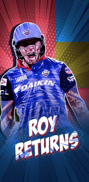 身穿藍色裝備的板球運動員，帶有漫畫風格的「ROY RETURNS」文字。 — DC漫畫 壁紙