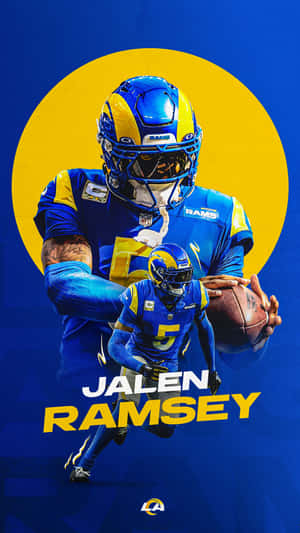 NFL球員Jalen Ramsey身穿公羊隊制服，以動態姿勢手持橄欖球。 — 洛杉磯公羊隊 壁紙
