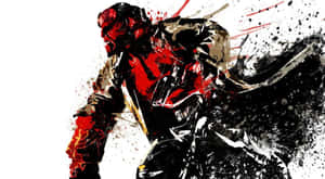 Hellboy 以動態顏料飛濺風格插圖呈現，紅色和黑色在白色背景上。 — 漫威反派 壁紙