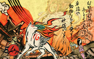 一隻帶有紅色標記的神話白狼在神社附近躍起，一名女子虔誠跪拜。 — 日式龍 壁紙