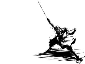 一個風格化的戰士在白色背景上以動作線條揮劍斬擊。 — 混沌武士 壁紙