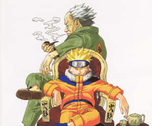 一位老人抽著煙斗，坐在一個坐在類似王座的椅子上的年輕男孩身後。 — 日神神楽 壁紙