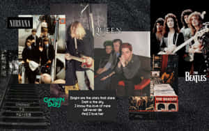 搖滾樂隊照片和專輯封面的拼貼畫，附有歌詞文字。 — 80年代美學 壁紙