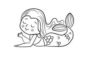 一位長髮且尾巴細節豐富的人魚在線條藝術風格中睡覺。 — 芭比美人魚 壁紙