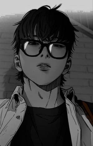 戴眼鏡、頭髮凌亂的年輕動漫男子站在磚牆前。 — 暗黑風格 壁紙