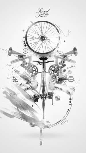 抽象黑白自行車藝術，以飛濺風格呈現齒輪、喇叭和文字。 — 酷炫iPhone 壁紙