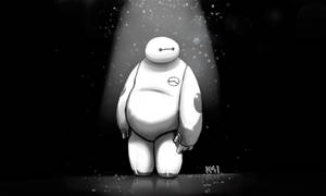 Baymax機器人在黑暗房間中被聚光燈照亮，周圍有漂浮粒子。