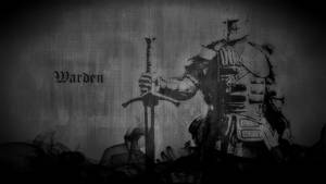 身穿盔甲的騎士手持劍，旁邊有Warden一詞。 — 遊戲玩家標誌 壁紙