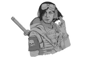 身穿裝備的女性士兵手持武士刀和和平手勢。 — 黑白小丑 壁紙