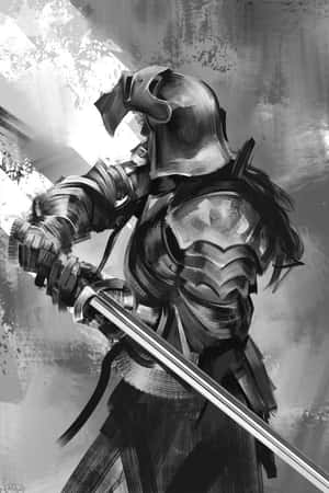 身穿盔甲的騎士在戲劇性的單色插圖中手持劍。 — 戰士 壁紙