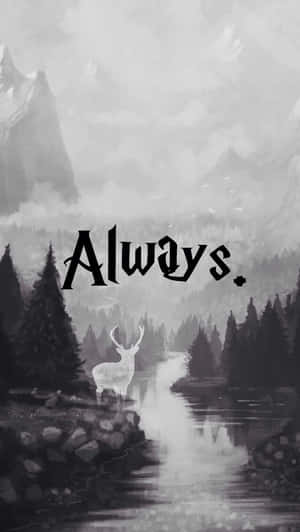 一隻鹿在霧氣瀰漫的森林河邊，有山脈和Always字樣。 — 美學哈利波特 壁紙