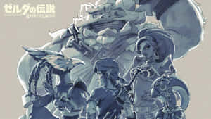 薩爾達傳說 曠野之息的角色，包括林克、薩爾達和一個巨大的石頭生物，以單色動漫風格呈現。 — 薩爾達傳說 壁紙