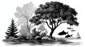 一幅黑白插圖，描繪岩石島上的樹木，水中有魚和帆船。 — 插畫 壁紙
