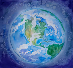 在宇宙環境中，以水彩風格描繪地球，呈現藍色海洋、綠色陸地和白色雲朵。 — 宇宙 壁紙