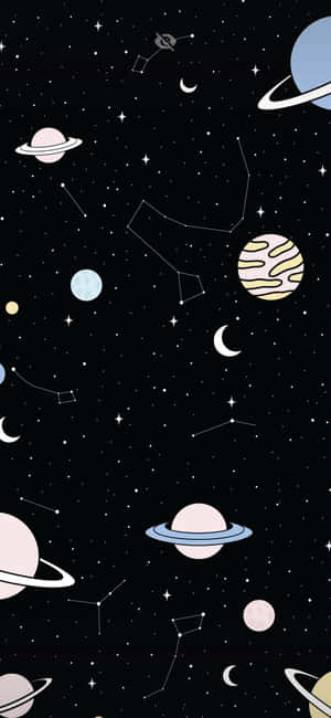 粉彩色的行星、星星和星座在簡約的宇宙夜空中漂浮。 — iPhone 16 壁紙