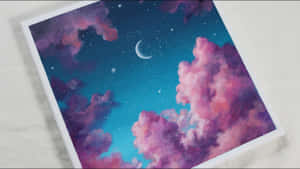 一幅描繪夜空中有新月和星星在彩色雲朵後面的畫作。 — 美學雲朵 壁紙