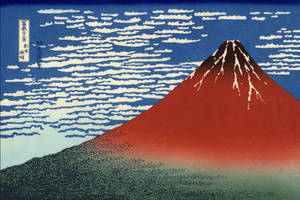 富士山，紅色山坡和雪頂，藍天白雲風格化。 — 日式 壁紙
