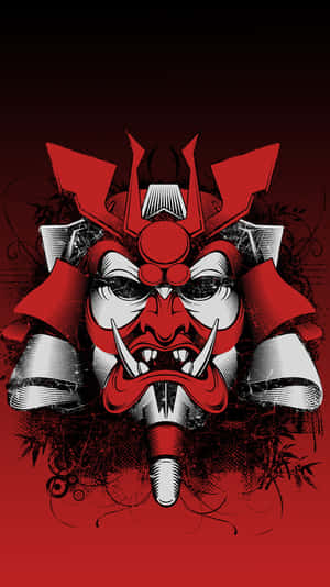 紅黑插圖的武士面具，帶有鋒利牙齒和華麗頭盔。 — 日本武士 壁紙