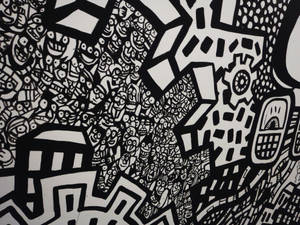 黑白抽象插圖，包含面孔、齒輪和城市形狀。 — 情緒 壁紙