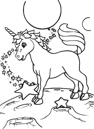 一幅黑白線條畫，描繪一隻被星星和月亮環繞的獨角獸。 — 獨角獸 壁紙