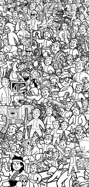 來自Fallout的卡通角色密集人群的黑白插圖。 — Galaxy Note 壁紙