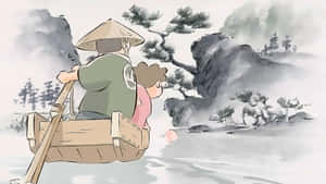 一個人與一個小孩划船穿過山脈附近霧氣瀰漫的水域。 — 日式 壁紙