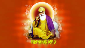 Guru Nanak Dev Ji 身穿金色長袍和紫色披肩，頭頂光環，靜坐冥想。 — 靈性動圖 壁紙