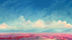 藍天白雲和遠山下的粉紅色田野 — iMac 壁紙