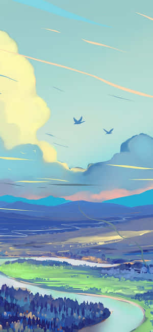 蜿蜒的河流穿過綠色山谷，遠山和飛鳥在粉彩天空下。 — 1170x2532 壁紙