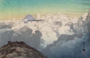在傳統日本版畫中，從山景角度觀看富士山聳立於雲層之上。 — 日式 壁紙
